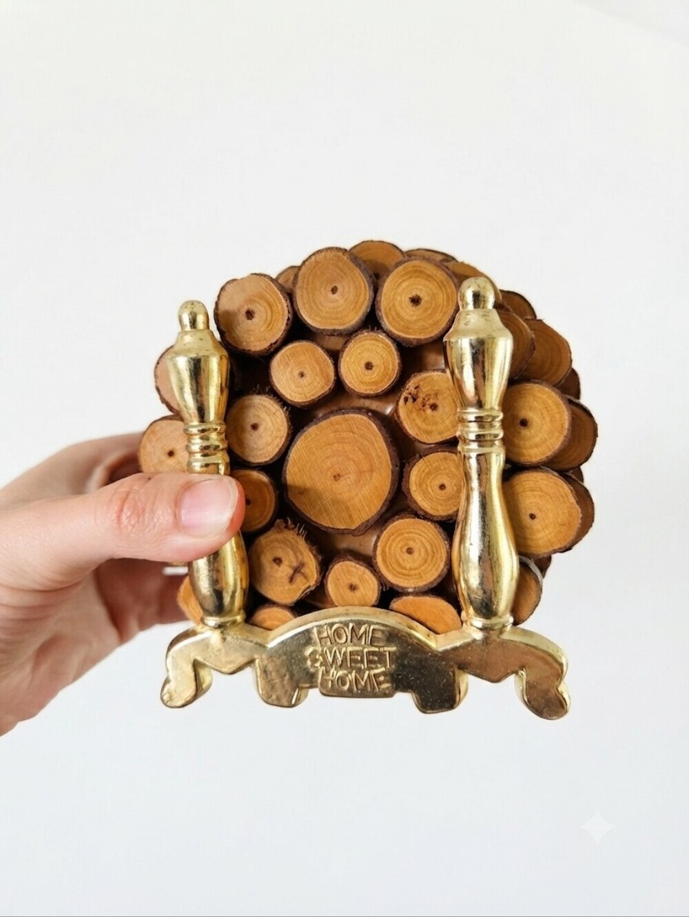 Vintage Enesco Wood Slice Coasters Set of 6 Home Sweet Home Brass Stand Cabin C